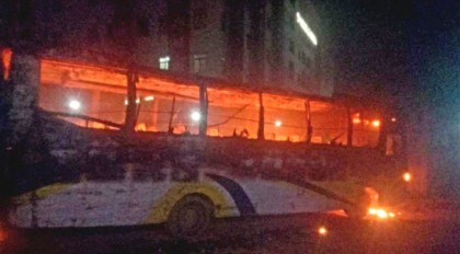 Masked miscreants set fire to bus in Ashulia, fire bullets to create panic
