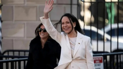 Venezuelan Nobel Peace Prize winner presents her medal to Trump